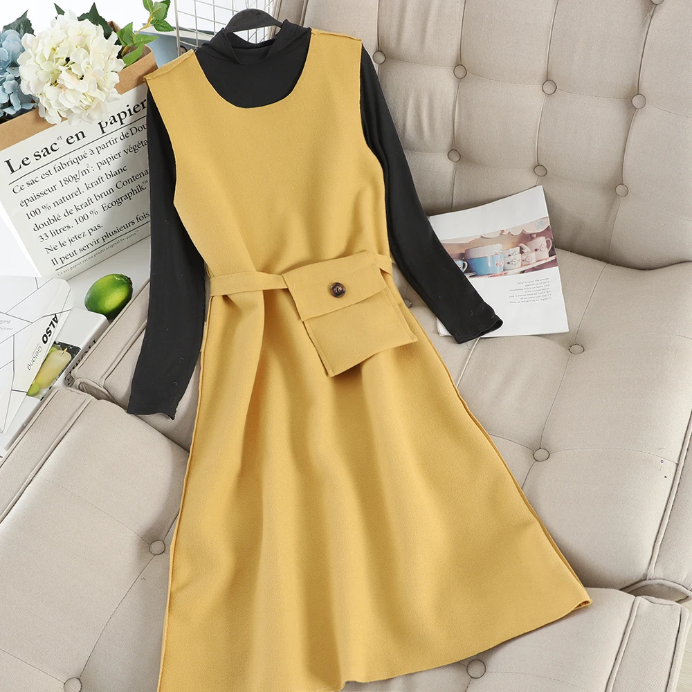 SINGRAIN зимнее женское Шерстяное платье без рукавов + вязаный свитер с высоким