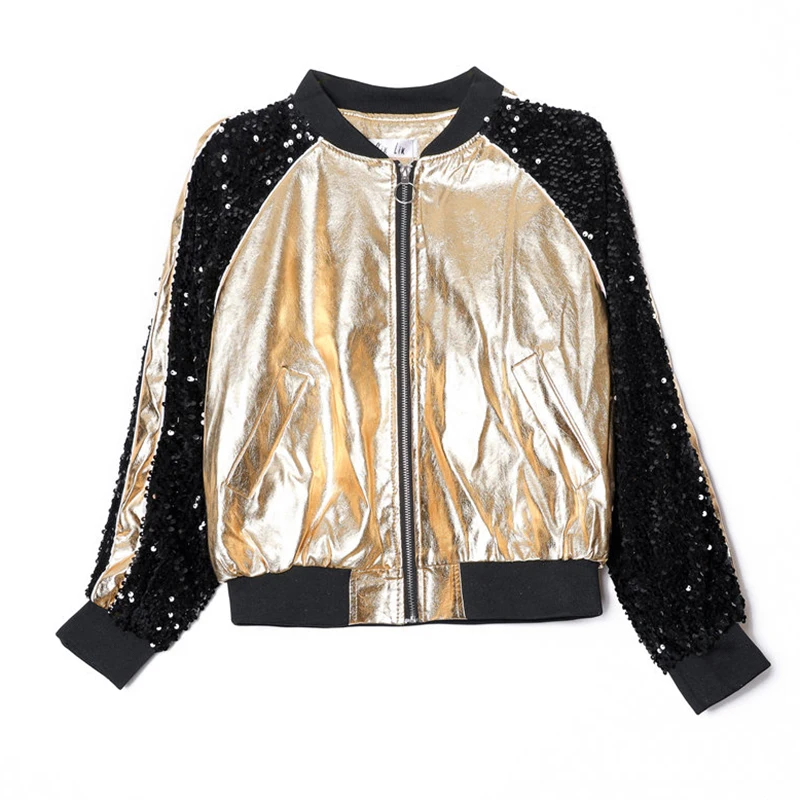 

PERHAPS U Women Black Gold Silver Long Sleeve Patchwork Sequined Bomber Jacket Zipper Long Sleeve Casual Baseball Uniform C0441