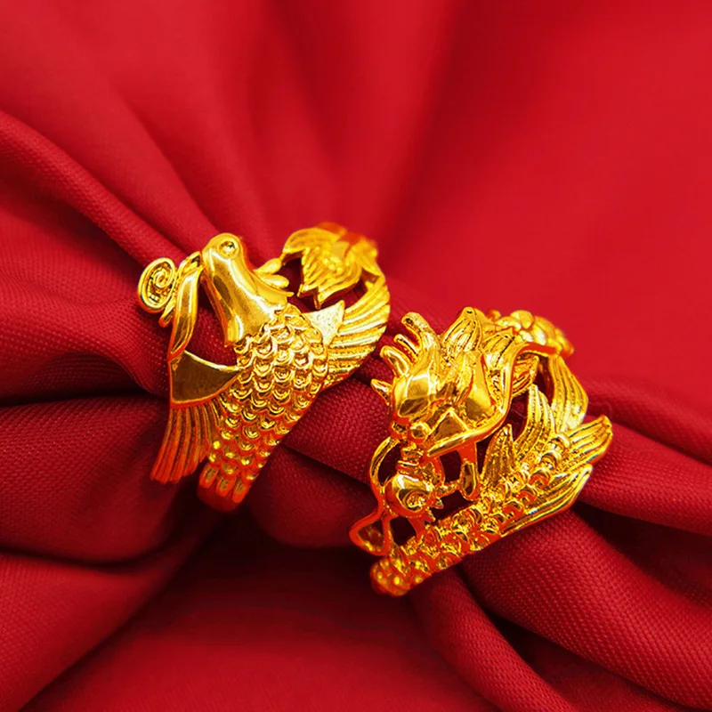 Chinese Style Couple Ring Jewelry Yellow Gold Color Dragon Phoenix Ring Men Women Opening Adjustable Rings Wedding Accessories