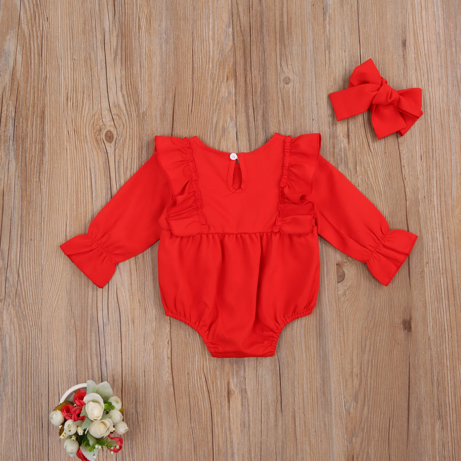 

Pudcoco 0-18M Autumn Baby Girls Boys Bodysuits Solid Bowknot Ruffles Long Sleeve Princess Christmas Jumpsuits Headband 2pcs