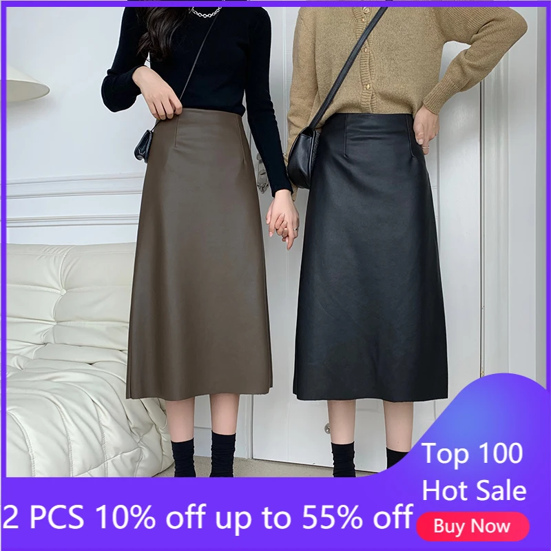 

Длинные юбки с высокой талией для женщин, Осень-зима 2021, женские тонкие кожаные юбки с разрезом и высокой талией, 5344 #