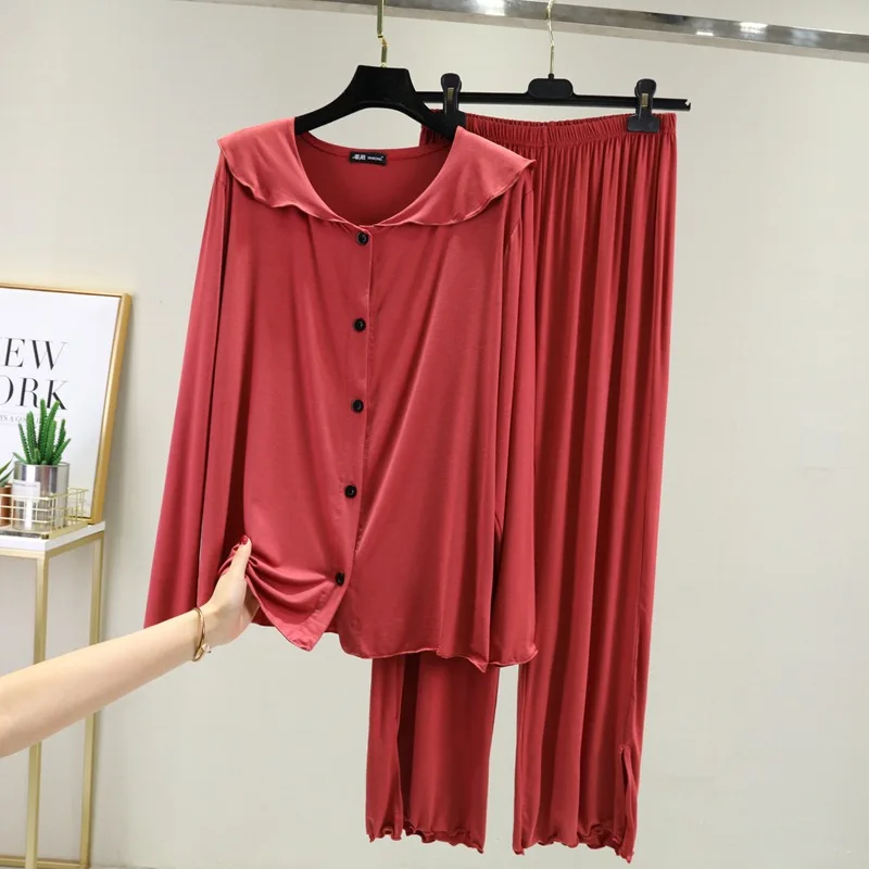 

New Autumn Winter Pajamas Women Sweet Doll Collar Sleepwear Set Modal Long Sleeve Cardigan Trousers Pyjamas Suit Pijama Mujer