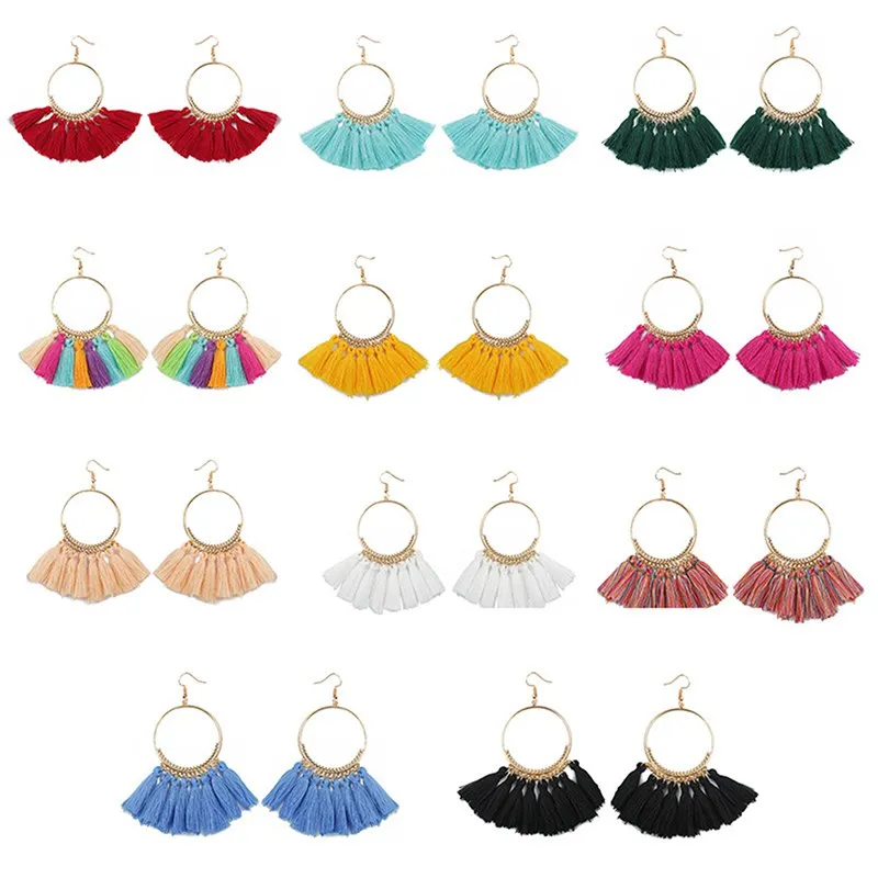 

Bohemia Big Tassel Earring Sets Vintage Ethnic Bright Colors Fringe Earrings for Women Girl