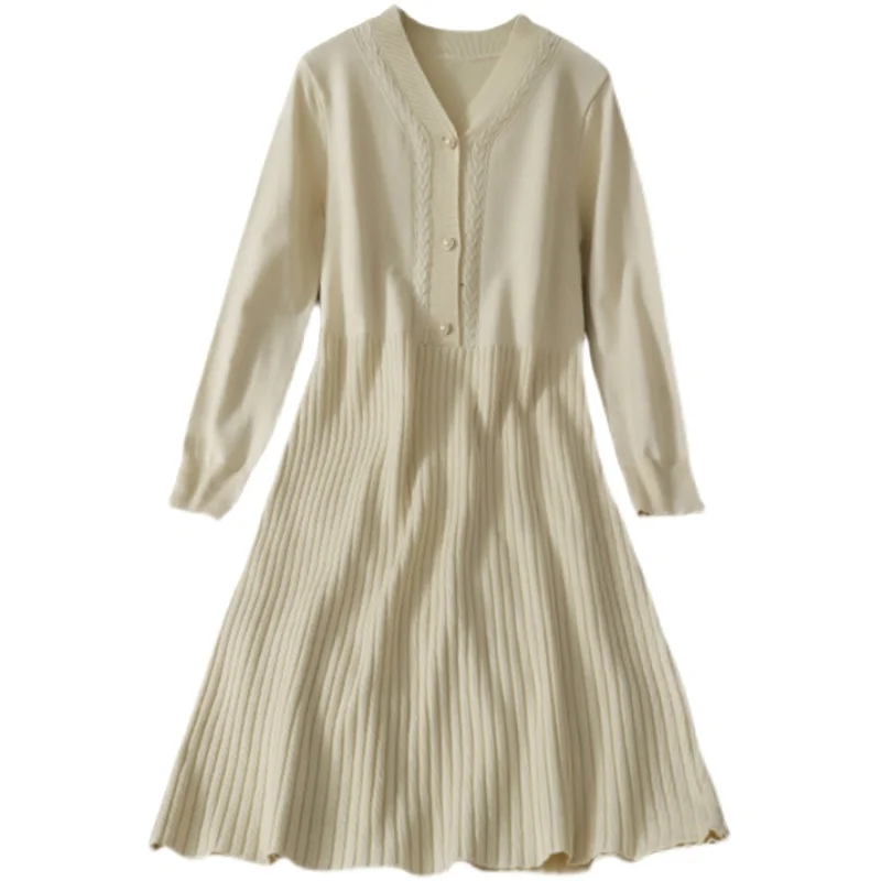 

Hong Kong Style Retro V-neck Three Buckles Long Sleeve Knitted Dress Women's 2020 New High Waist Vertical Striped Midi Dress