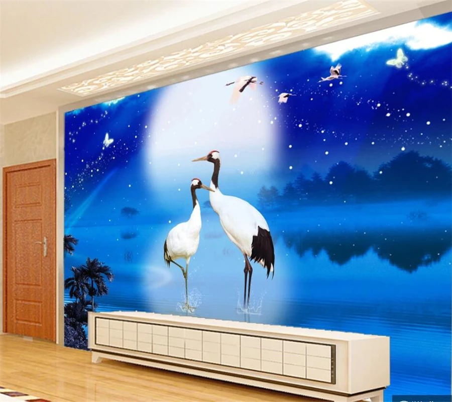 Wellyu пользовательские обои 3d Фреска dreamy blue night sky moon crane Гостиная ТВ фон настенная