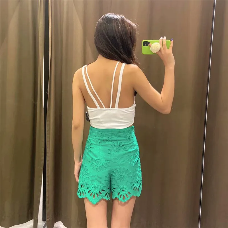 

Za 2021 Green Embroidery Shorts Women Vintage High Waist Openwork Casual Sumemr Shorts Female Fitted Embroidery Short Pans