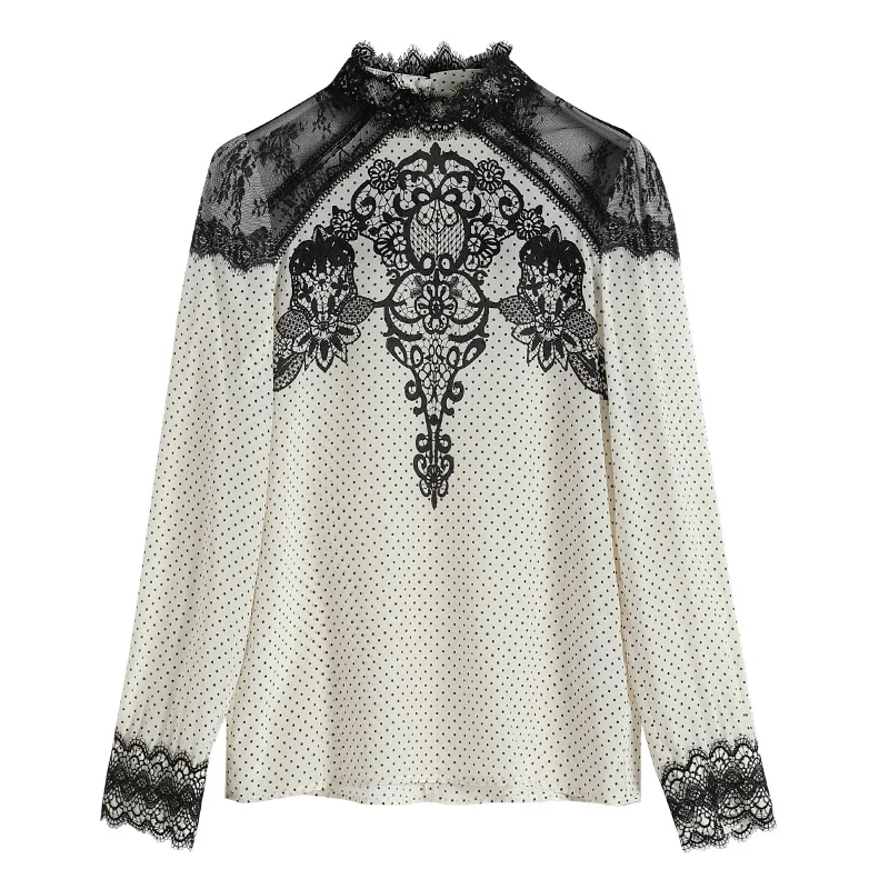 

SuyaDream Women Dots Printed Blouses 100% Silk Crepe Long Sleeved Lace Stand collar Casual Blouse Shirt