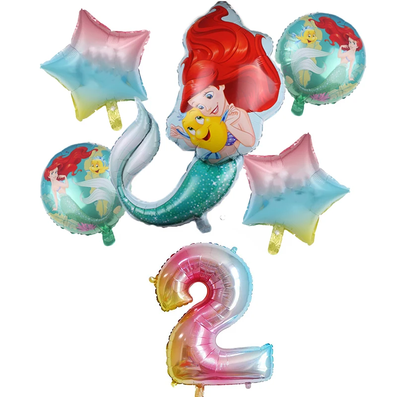 

6pcs mermaid Ariel cartoon disney princess foil balloons 32Inch Number baby girl pink air baloes birthday party decor kids toys