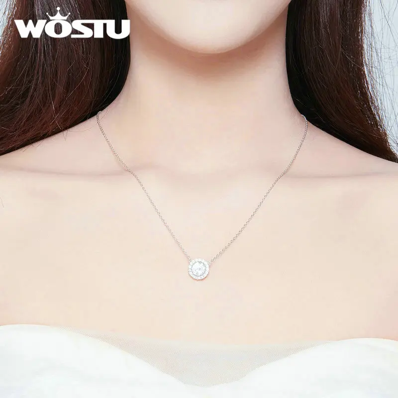 WOSTU 100% 925 Sterling Silver Delicate Zircon Necklaces Round Pendant For Women Long Chain Link Wedding Jewelry DXN345 | Украшения и