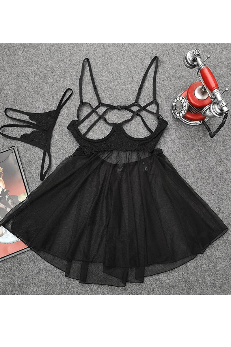 

New Open Chest Sexy Babydoll Lingerie Dress Women Suspender Nightdress Lace Mesh Seductive Nightgown Sleepwear Night Dress