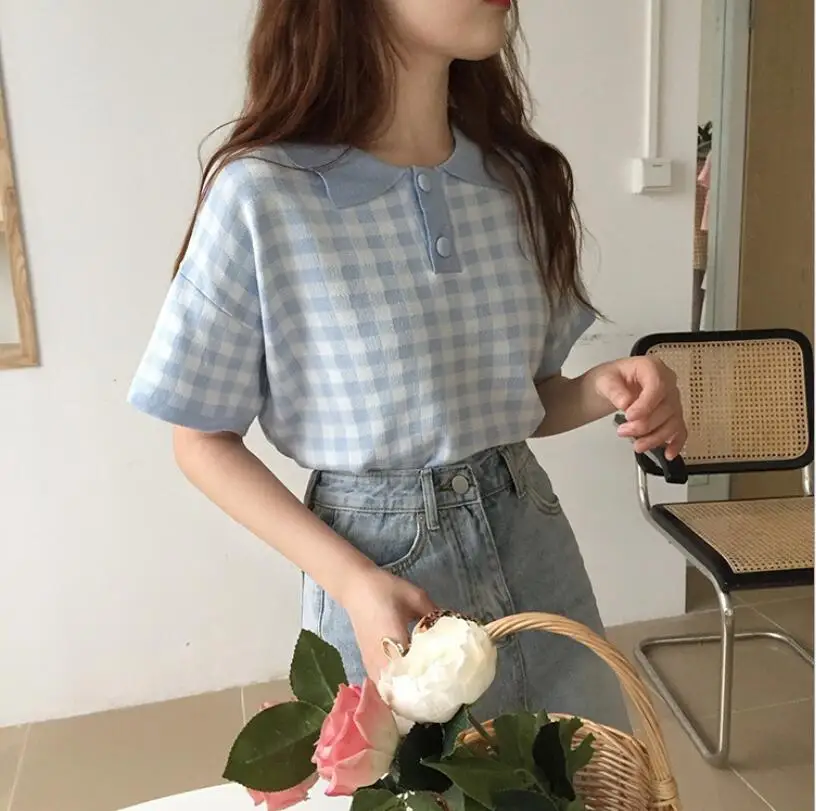 

Fashion Loose Polo Shirt Plaid Short Sleeve T-shirt Women Summer 2021 New Student Short Knitted Top Polo Shirt Women