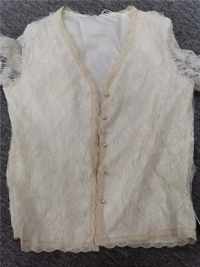 Винтажная блузка RUGOD Женская однотонная кружевная короткая с V образным вырезом