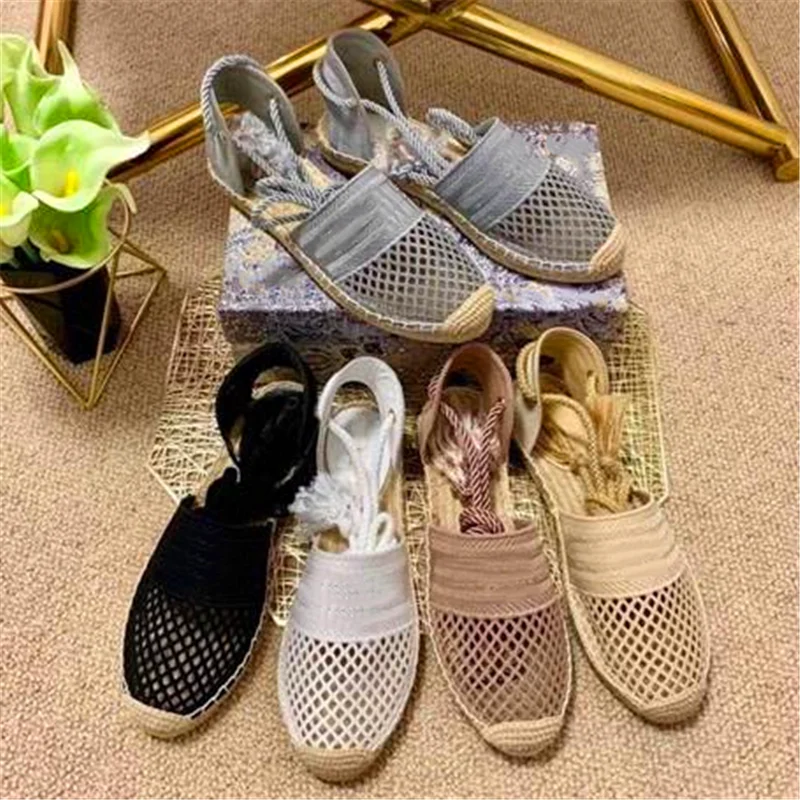 

Ollymurs Lace-Up Sandals Net Yarn Beach Sandals Hollow Roman Sandals Round Toe Fisherman Shoes Hemp Rope Outsole Women's Shoes