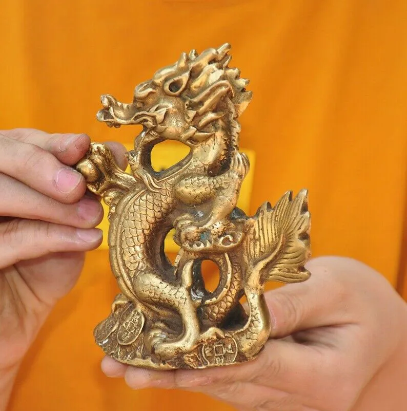 

wedding decoration China Feng Shui brass wealth coin auspicious Zodiac animal Dragon Loong statue