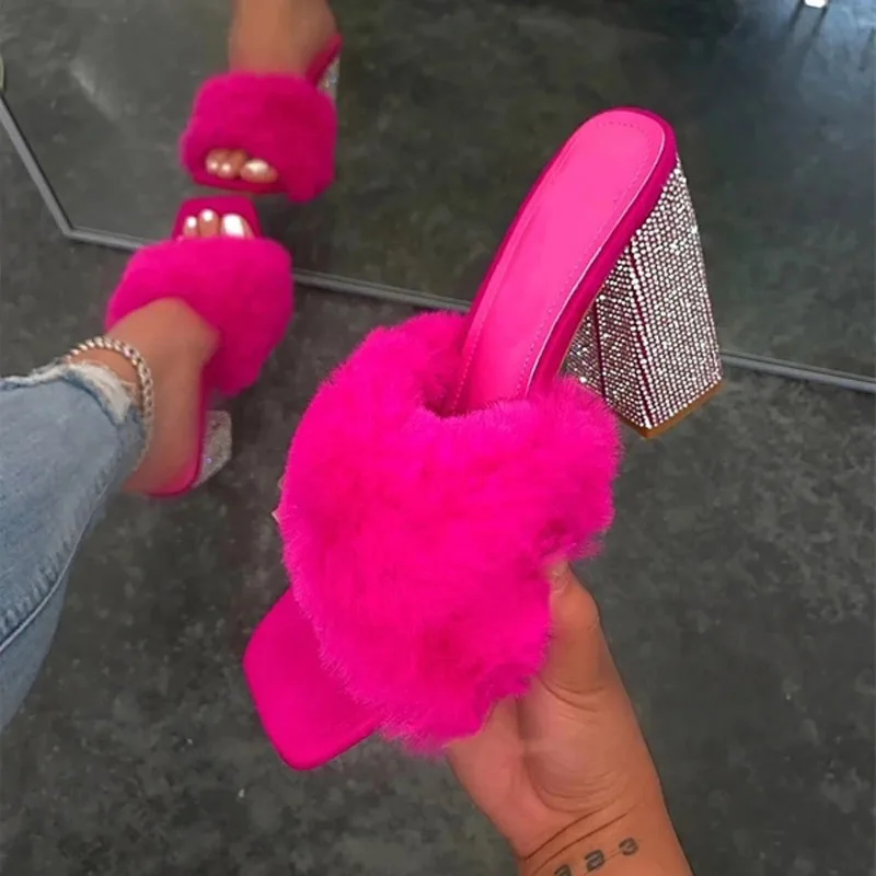

Rimocy 2021 Summer Fur Crystal Square Heel Slippers Women Outdoor Casual Open Toe High Heels Pumps Female Party Shoes Size 35-43