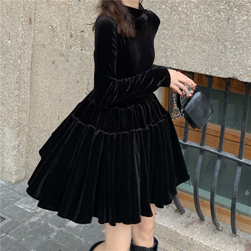 

Korean Ins Vintage Annual Meeting Little Dress Elegant Temperament Youthful-Looking Velvet Princess Pettiskirt Black Dress for