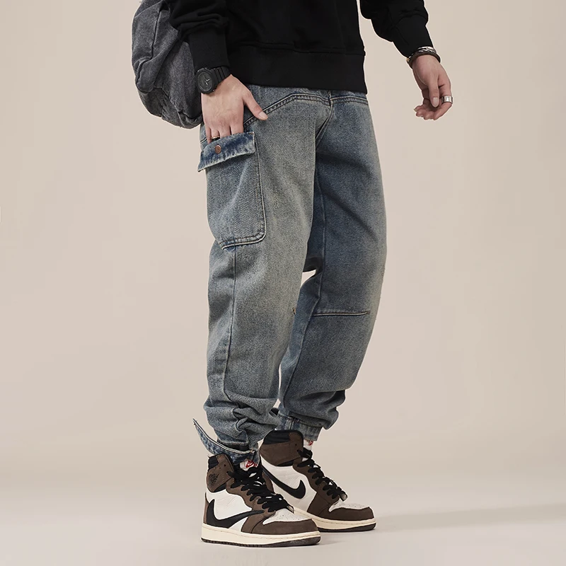 

Japanese Vintage Designer Men Jeans Retro Blue Denim Cargo Pants Fashion Streetwear Hip Hop Joggers Wide Leg Baggy Trousers