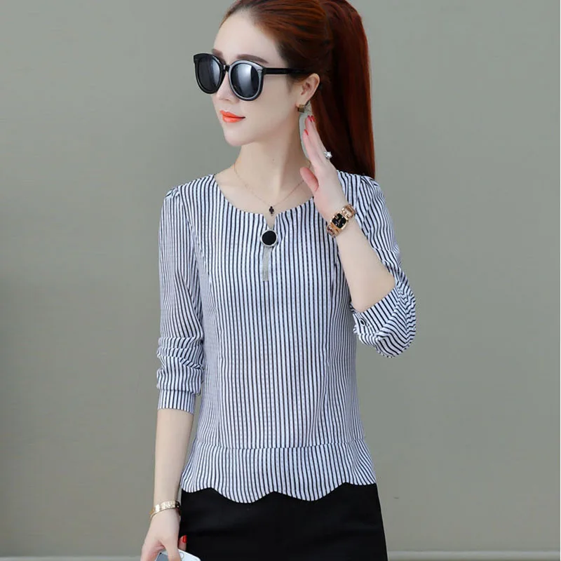 Женские шифоновые блузки рубашки в полоску повседневные топы с круглым вырезом