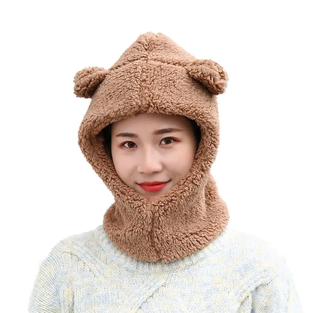 Шапка с медвежьими ушками шарф шапка однотонная женская защита для ушей из двух