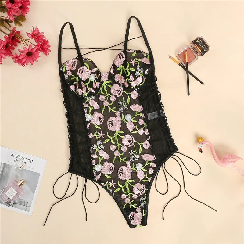 

Fashion One Piece Lingerie Women's sexy Embroidery lingerie Flowers transparent lingerie Embroidered Mesh Sheer Lingerie