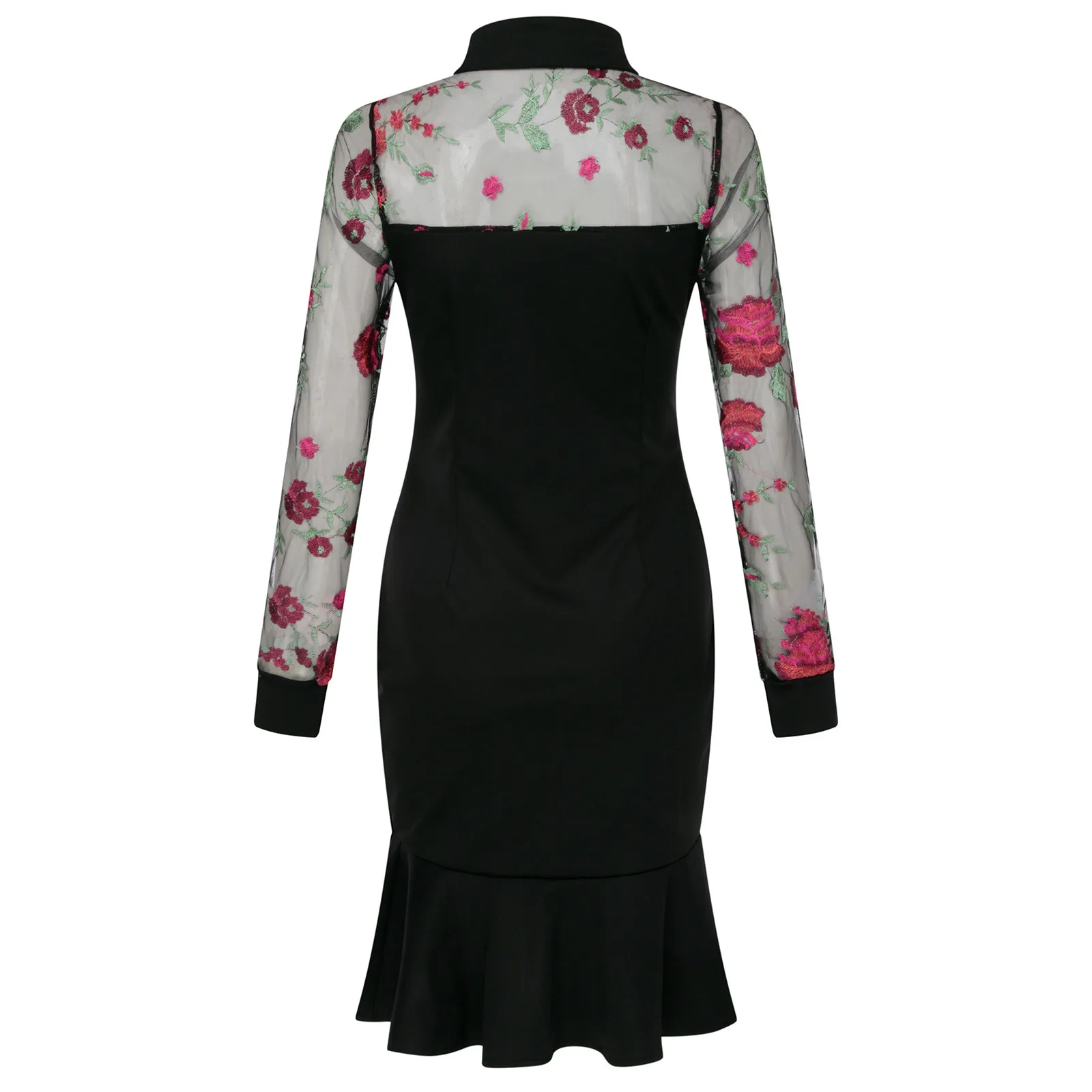 

New Floral Ruffles Lace Dresses Long Sleeve Round Neck Slim Dress Female Clothes Daily Club Wear kobieta sukienka robe