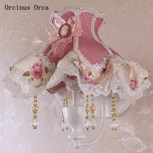

European Rural pink lace wall lamp living room corridor children's bedroom bedside lamp romantic fabric wall lamp