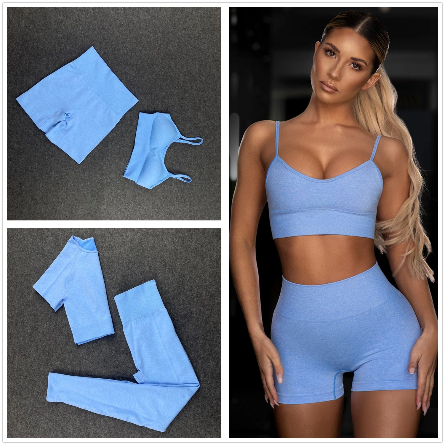 

Seamless Women Yoga Set Workout Shirts Sport Pants Bra Gym Clothing Short Crop Top High Waist Running Leggings Sports Set 2005