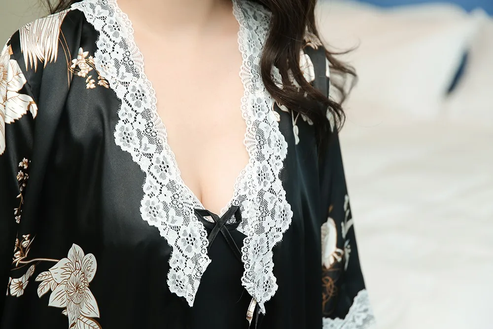 

Print Flower Sexy Twinset Robe Suit Satin Bridal Bridesmaid Wedding Nightwear 2PCS Sleep Set Casual V-Neck Home Dressing Gown
