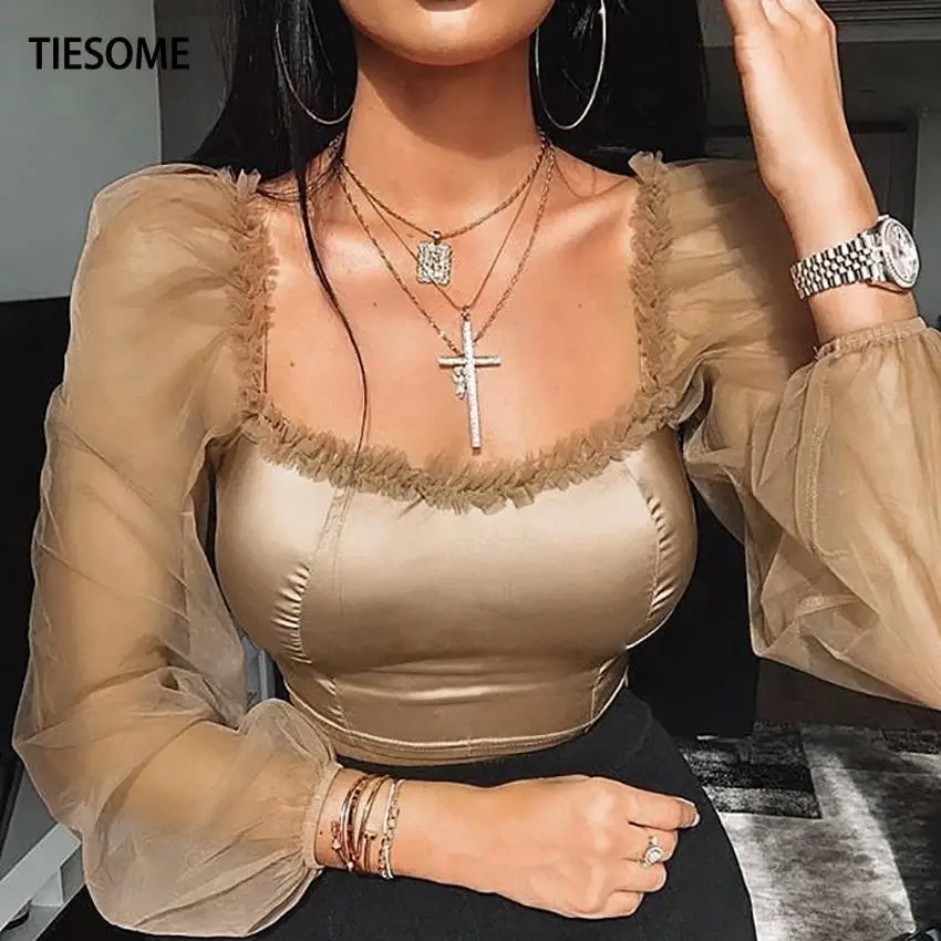 Женская Сетчатая футболка с длинным рукавом квадратным вырезом и | одежда