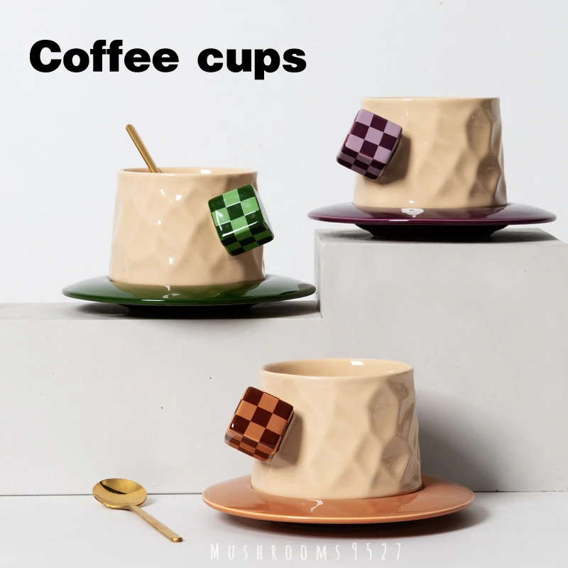 

Rubik's Cube Morandi Korean Ceramic Coffee Cup and Saucer Set Household Flower Tea Afternoon Tea Cup Birthday Gift