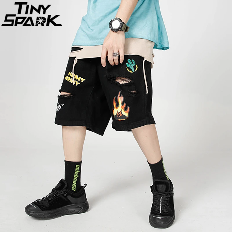 Men 2021 Hip Hop Cargo Shorts Streetwear Fire Flame Graffiti Harajuku Jogger Cotton Summer Track Short Pockets Loose | Мужская одежда