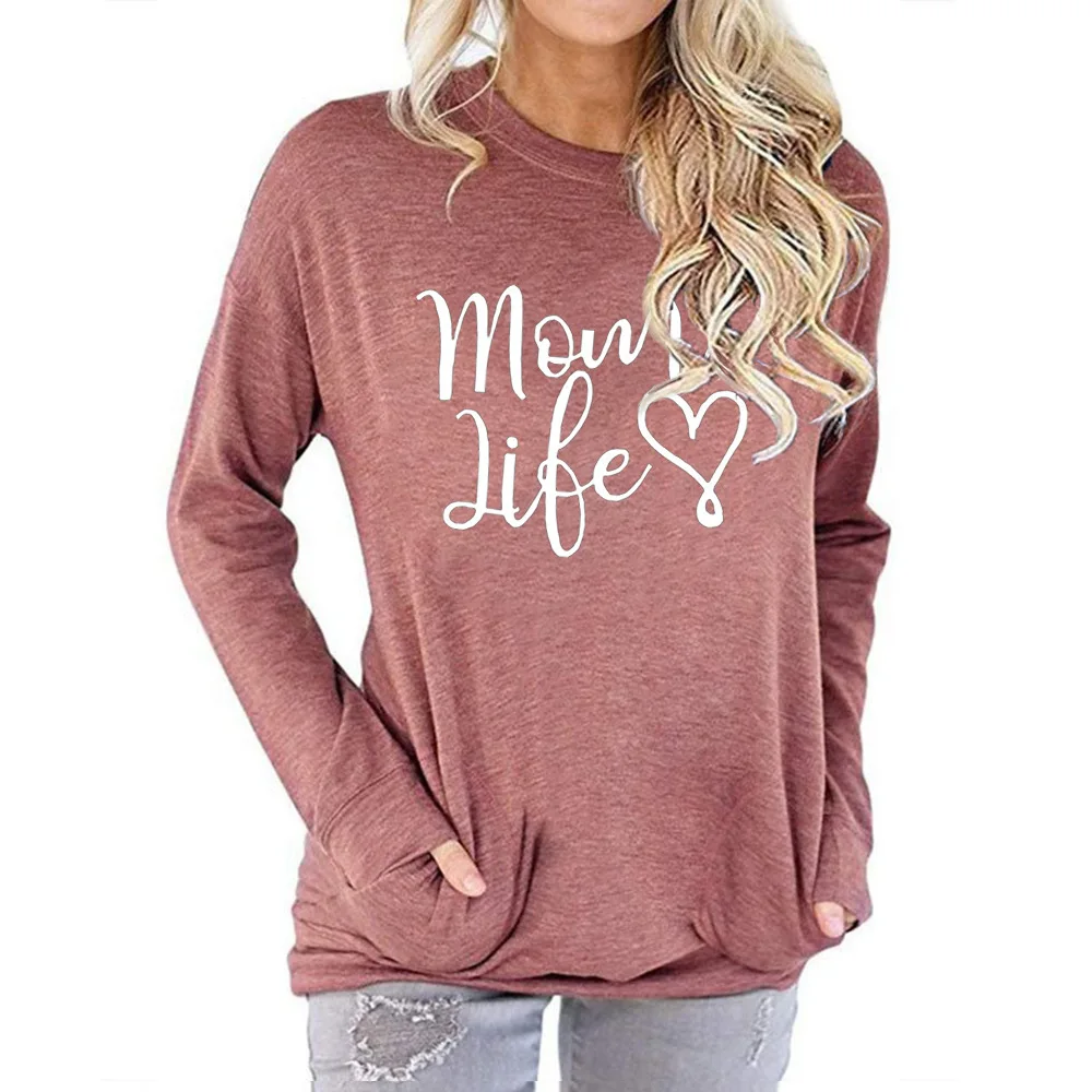 

Mom Life Printed Women T-shirt With Pocket Fashion Loose Cotton Sweatshirt Spring and Autumn Plus Size Femme Clothing