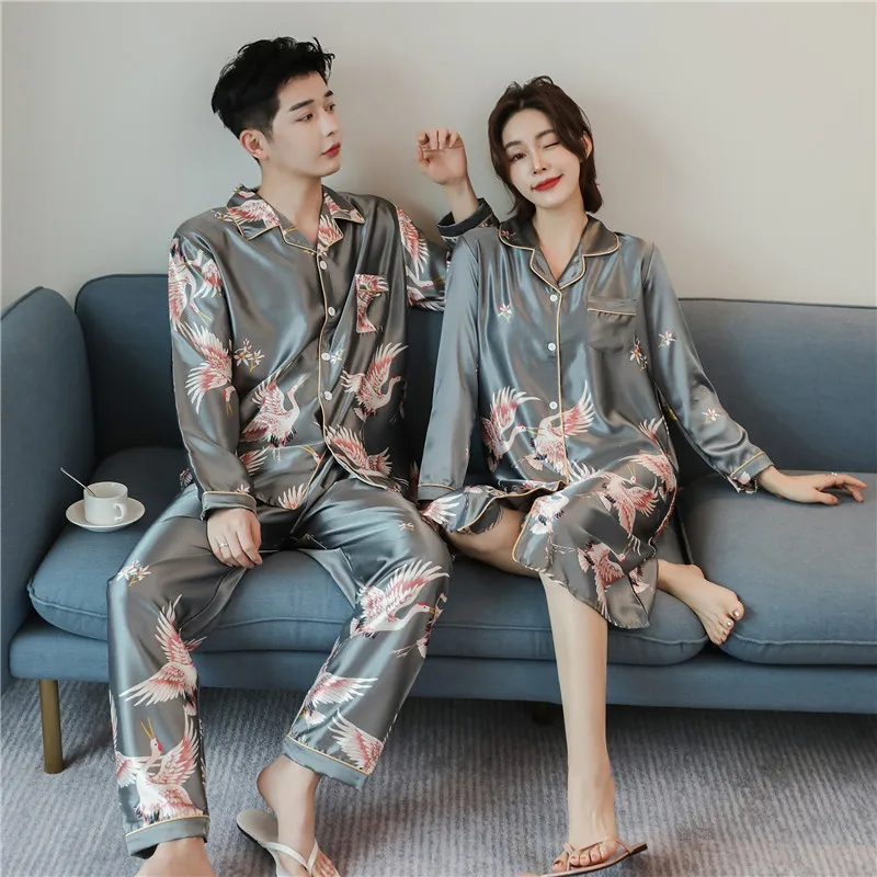 CAIYIER Large Size Winter Lovers Pajamas Set Silk Soft Couple Sleepwear Long Sleeve Men & Women Nightgown Home Clothing M-4XL