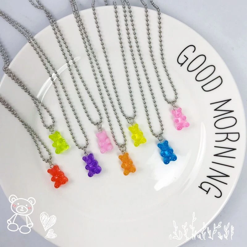 

1 PC Kawaii Colorful Bear Choker Necklace For Girl Party Jewelry Accessories Stainless Steel Link Chain Cute Bear Pendant Gift