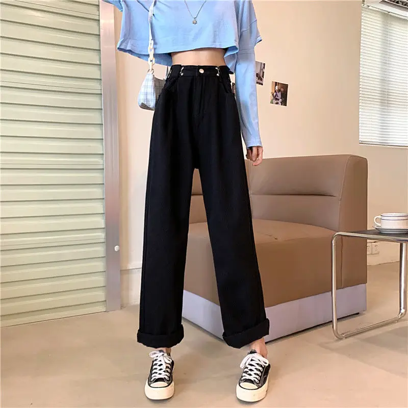 

Spring new elegant high waisted jeans women show thin straight tube loose wide leg father pants students mop pants trend