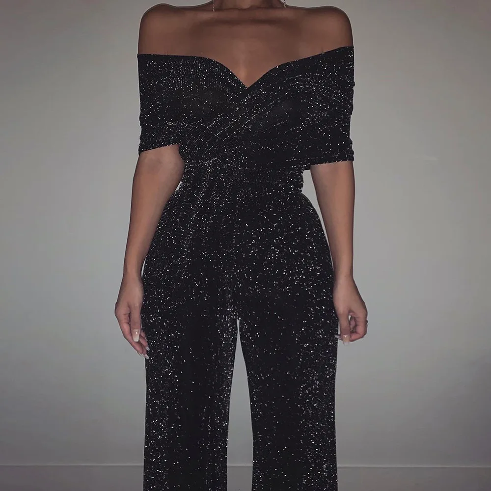

2020 Women Sexy Bling Lurex 2 PCs Set Criss Cross Bandage Tube Tops High Waist Wide Leg Pants Femme Party Tracksuits