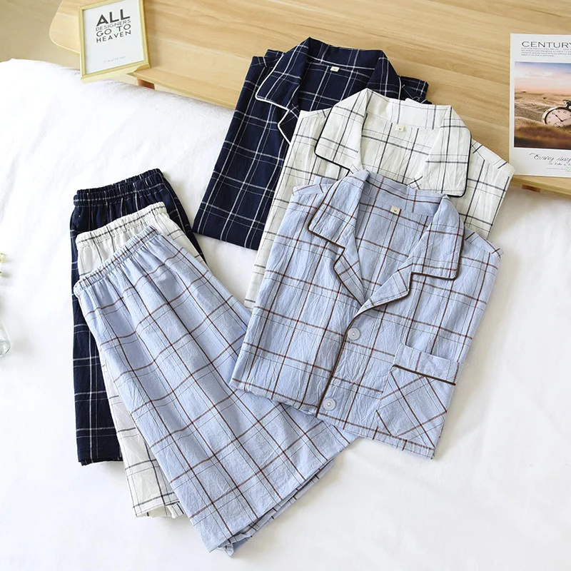 New summer men's 100% cotton pajamas two-piece large size thin short-sleeved shorts plaid casual home service set sleep wear men