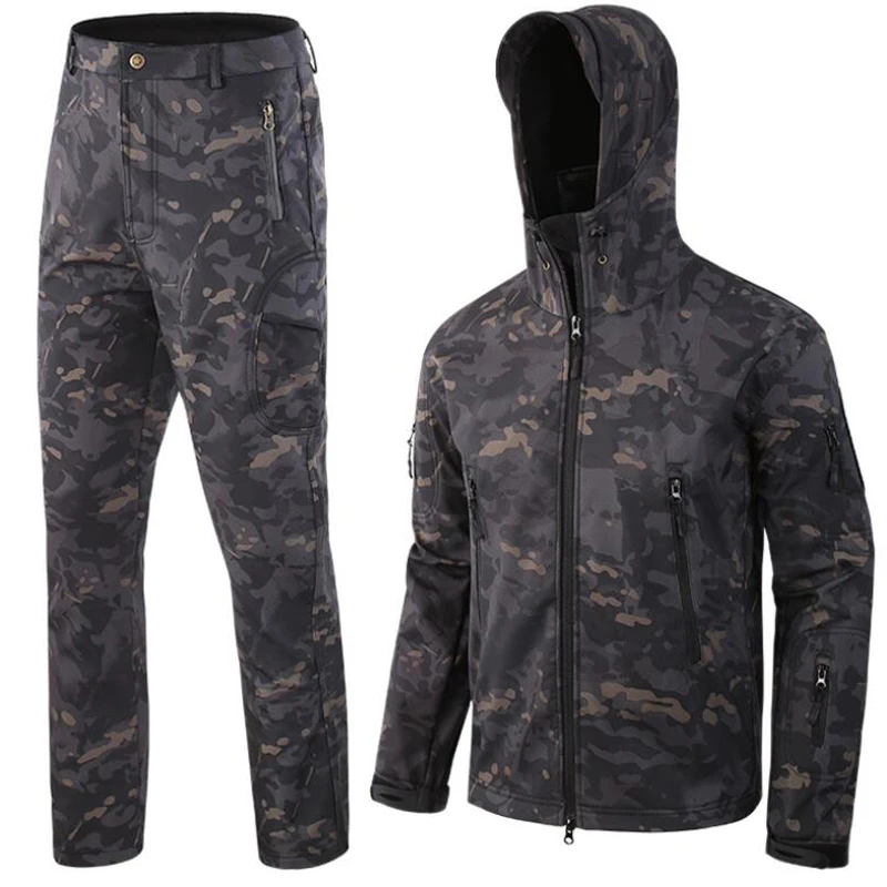 

Men's Military Uniform Tactical Jacket Sets Soft Shell Camouflage Hooded Jackets Plus Fleece Pants Outdoor Warm Military Clothes