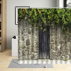 Винтажная старинная деревянная дверь, занавеска для душа, ретро, каменная стена, деревянная доска, зернистая зеленая растительная узор, для ванной комнаты, декоративный комплект занавесок из полиэстера