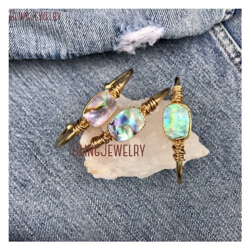 Золотой рыбья кость сырья Boho Chic Радужный Галиотис оболочки жесткий Браслет-манжета Белый полумесяц раковина Каури регулируемый браслет BM27548