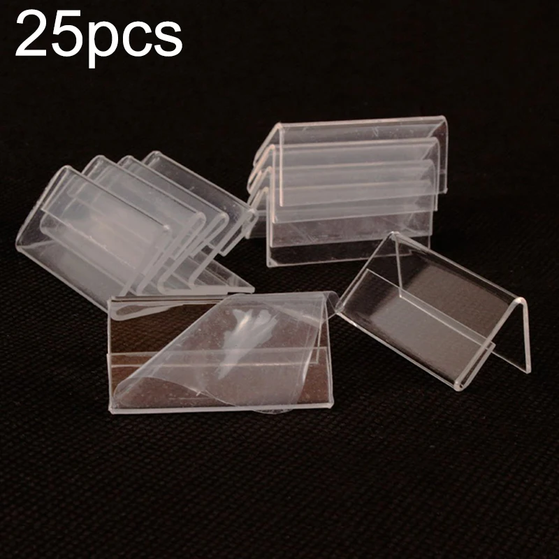 

Clear Price Tag Clip Sign Card Holder Stands Poster Racks 25pcs Plastic Mini Label Racks Acrylic Card Display Holder 20x40mm