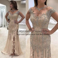 luxury sheer neck mermaid prom dresses 2021 beadings sequined high split gowns formal mother of the bride dress evening wear