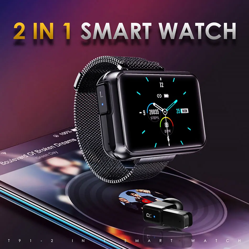 Хит продаж шикарные версия 2in 1 Смарт-часы когда наушники TWS T91 стерео Bluetooth 5 0