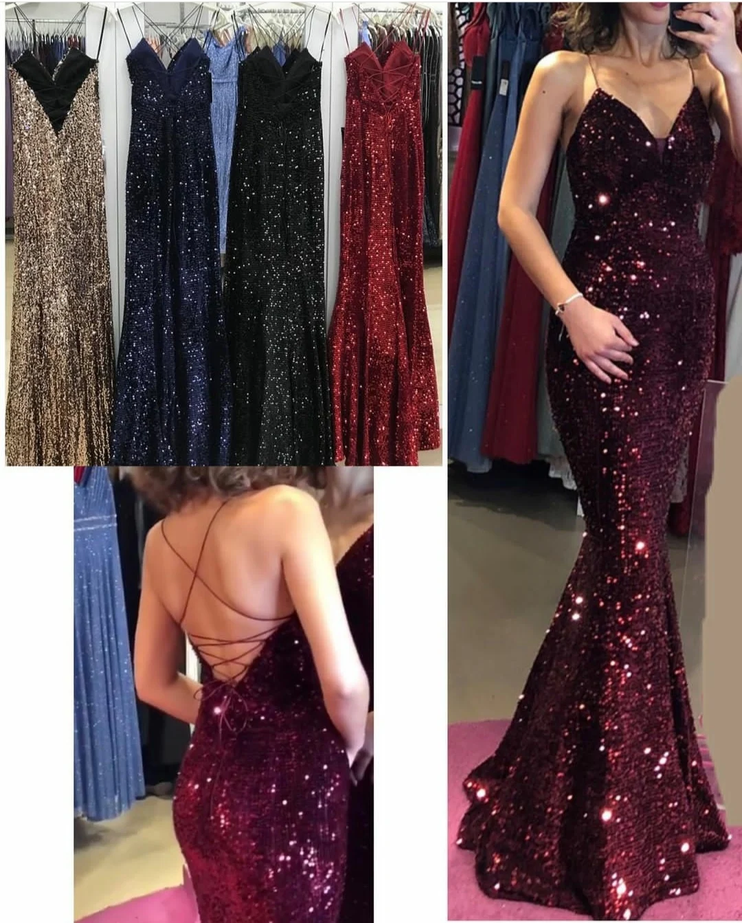 

Sexy Long Burgundy V-Neck Sequin Prom Dresses Criss Cross Back Spaghetti Robe De Soiree Sweep Train Formal Party Gown