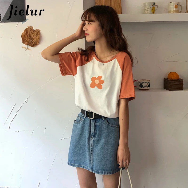 Jielur летняя футболка Корейская с коротким рукавом и цветочным принтом женская