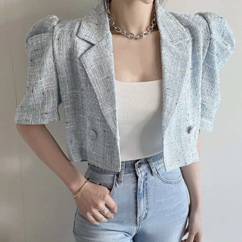 

Korean Elegant Fashion Short Tweed Jacket Women 2021 Summer Puff Sleeve Vintage Crop Top Female Short Coat Woman Outwear Tops