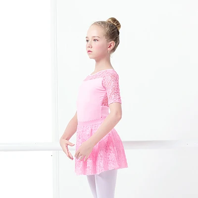 pink half sleeve Балетное платье для девочек, гимнастические купальники, кружевные юбки, трико с длинными рукавами, гимнастический купальник для малышей, для танцев - Цвет: pink half sleeve