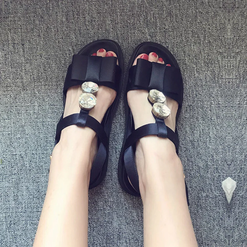 

Luxury Satin Sandals Women Open Toe Butterfly Knot Rhinestone Diamond Thick Bottom Flat Shoes Woman Sexy Gladiator Sandals