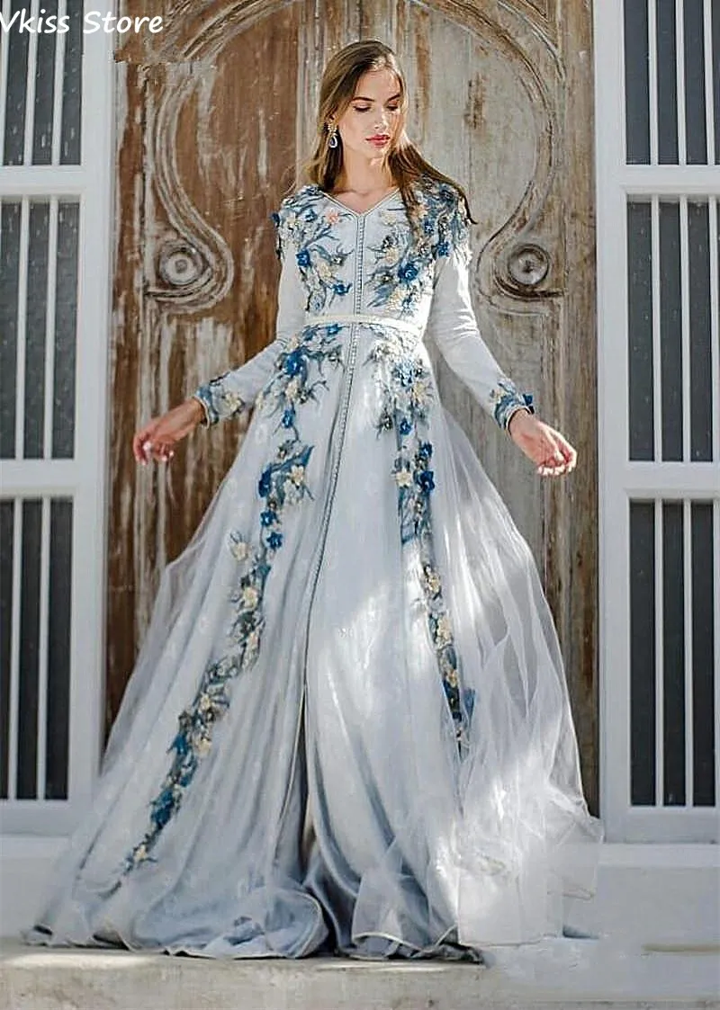 

2020 Gray Evening Dress Muslim Long Sleeves Applique 3D Flowers Luxury V-neck A-line Floor Length Prom Dress вечернее платье