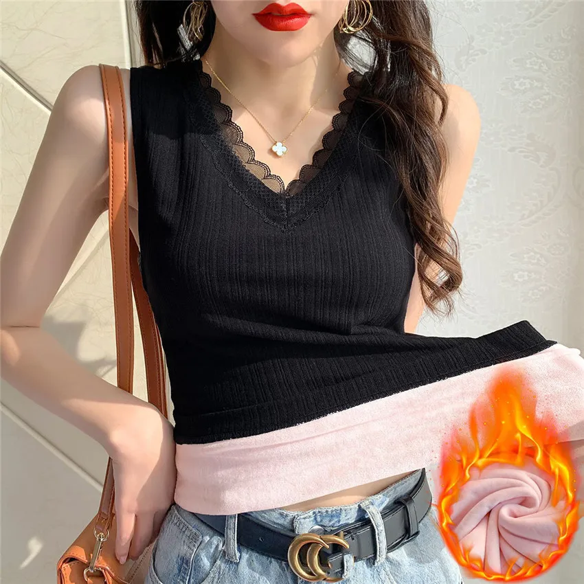 

Women V-neck Lace Tanks Tops With Padded Winter Thick Warm Velvet Camis Top Large Stretchy Solid Underwear Slim Fit Camis Mujer